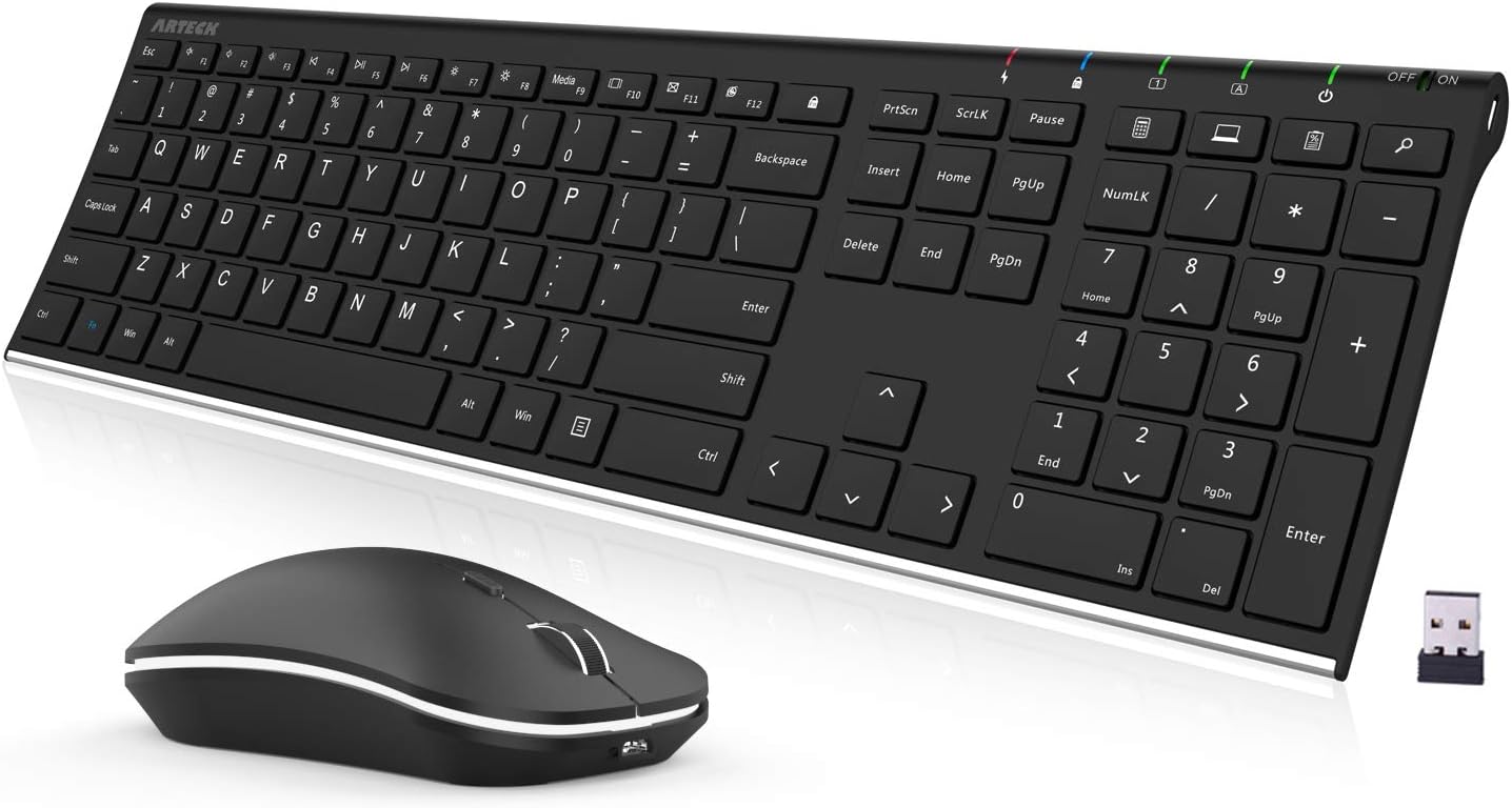 Arteck 2.4G Wireless Keyboard and Mouse Combo Stainless Steel Ultra Slim Full Si...