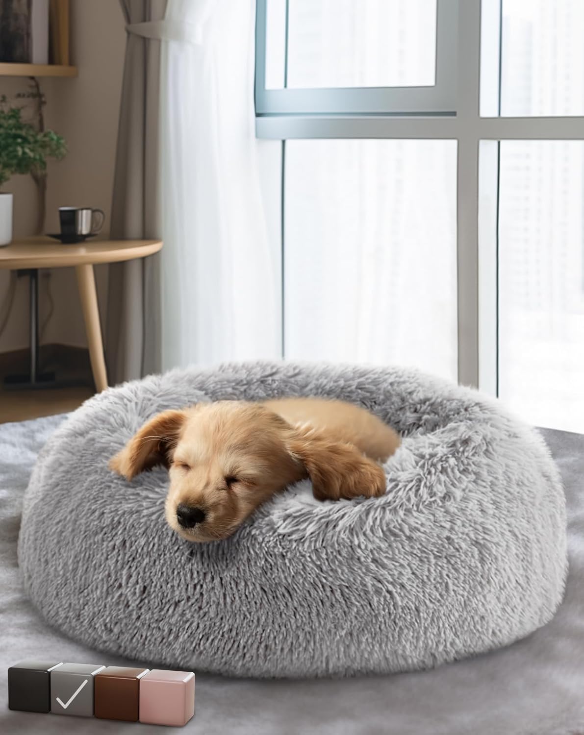 Calming Donut Dog and Cat Bed - 20 inch Waterproof, Zipper Cover, Plush Polyeste...