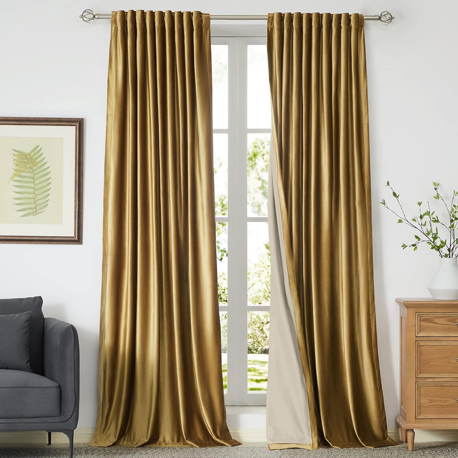 100% Full Blackout Golden Velvet Curtains 96 inch Long for Living Room,Set of 2...