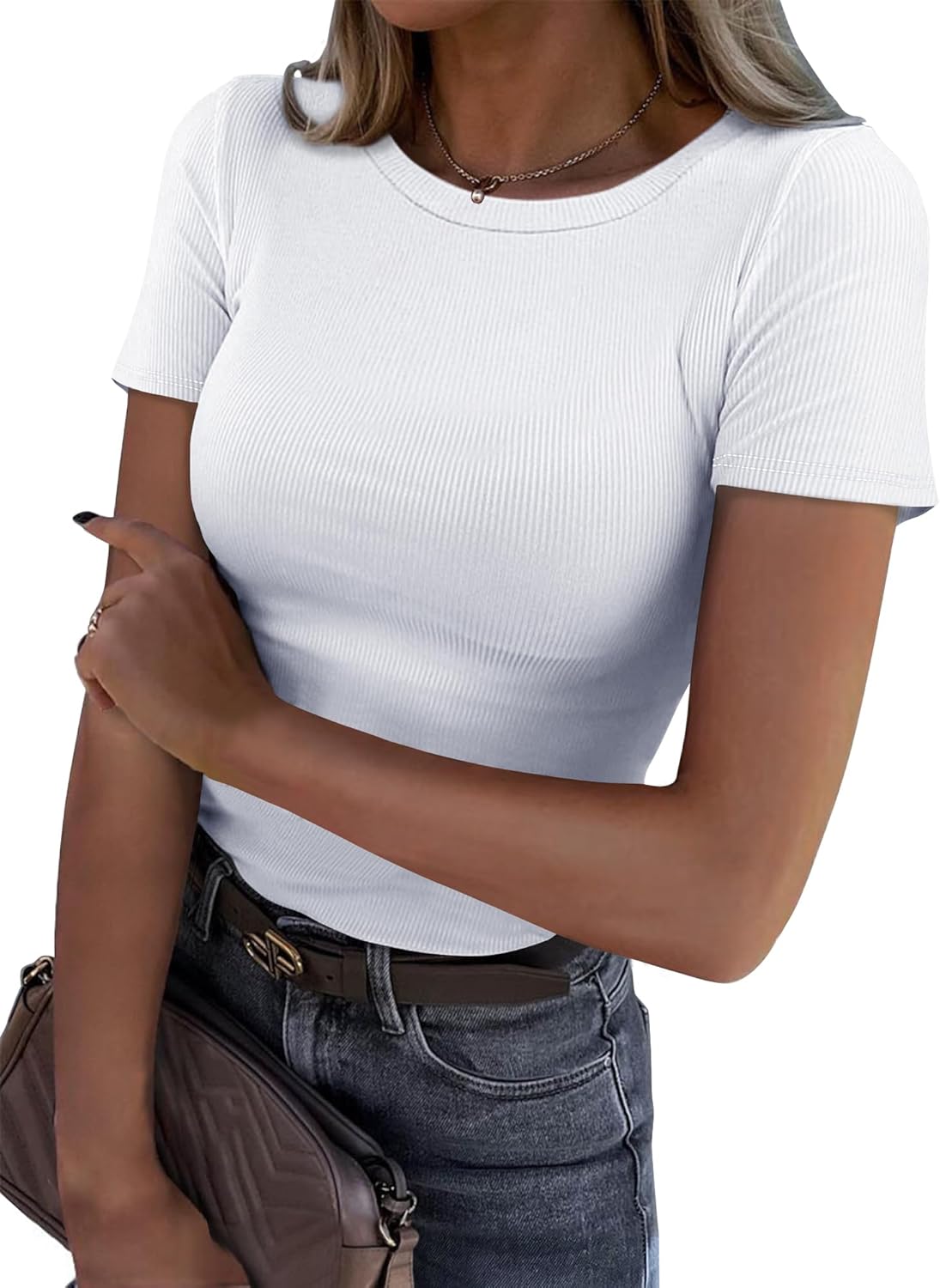 Roselux Women Crew Neck Ribbed Fitted Tight Tshirt Short Sleeve Shirt Basic Knit...
