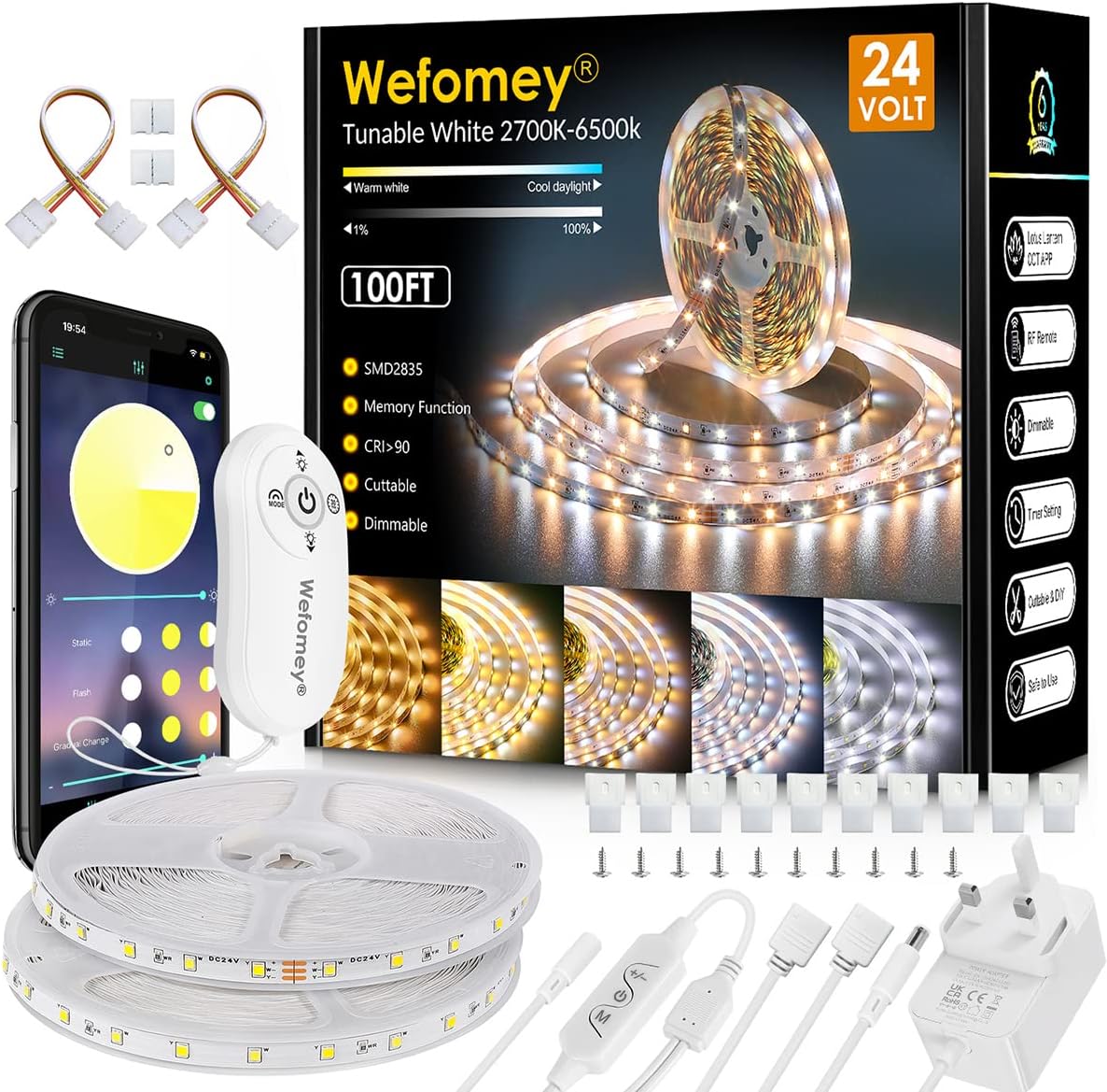 Wefomey 30M White LED Strip Light, Special 24V LED Tape Light with Remote App Co...