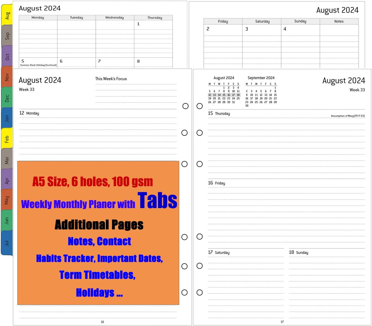Academic Diary 2024 2025 Refill A5, 1 Week on 2 Pages with Monthly Tabs, Extra N...