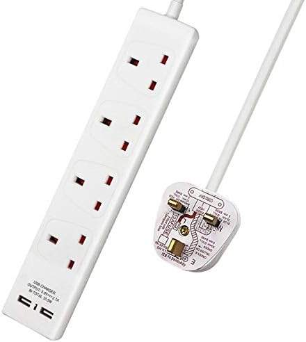 ExtraStar 4 Way Extension Lead with 2 USB Slots, 13A UK Plug Extension, Wall Mou...
