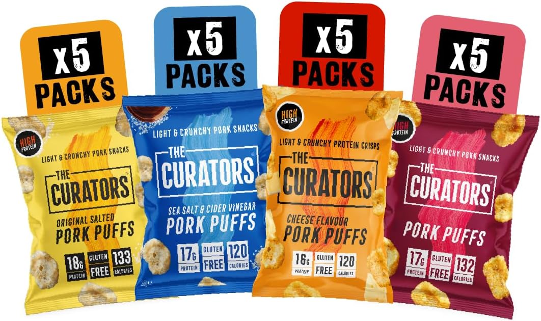THE CURATORS High Protein Pork Puffs Variety Pack, 5 x Original Salted, 5 x Smok...
