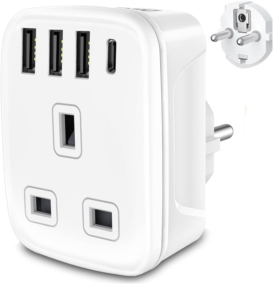 Travel Adapter UK to European Plug Adapter with USB C, Grounded EU 4 USB Charger...