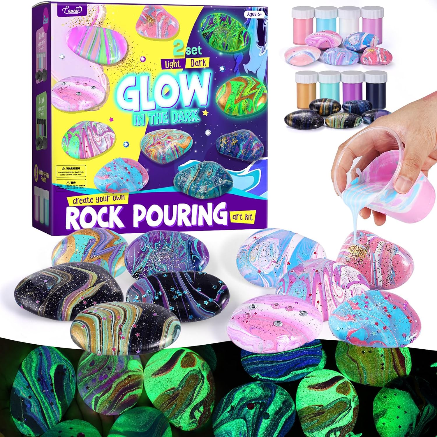 2 in 1 Rock Painting Art Kit - Glow in The Dark Pouring Rock Kit - Arts and Craf...