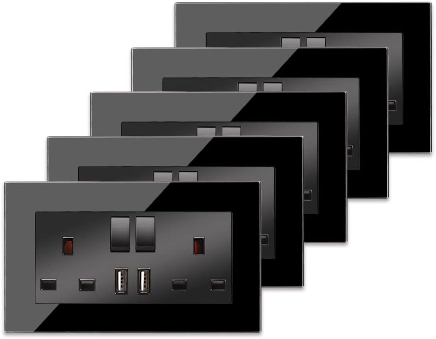 5 Pack CNBINGO Glass Double Switched Socket with 2 USB-A Charging Ports (Output...