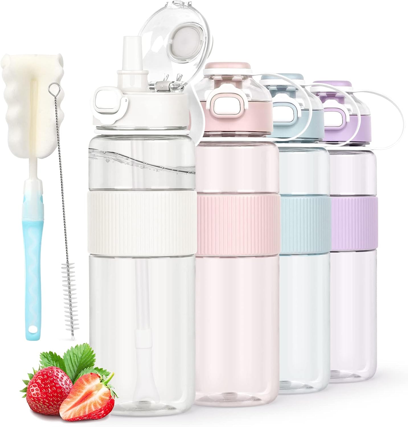 AOHAN Water Bottle with Straw, Sports 1l Brush and Sticker, Leakproof Drinks Bot...