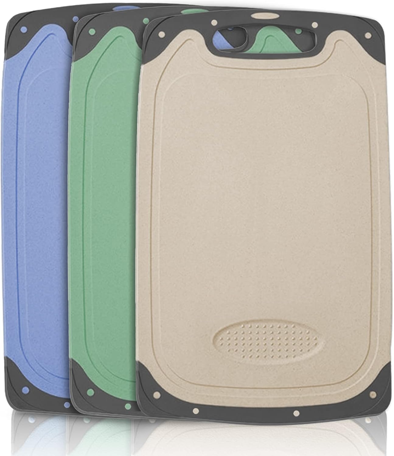 BOCHION Plastic Cutting Board Set, 3 Pcs, BPA Free, Non-Slip Feet, Deep Drip Jui...
