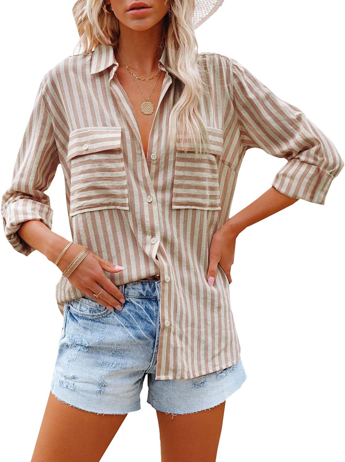 OMSJ Women's Striped Button Down Shirts Casual Long Sleeve Stylish V Neck Blouse...