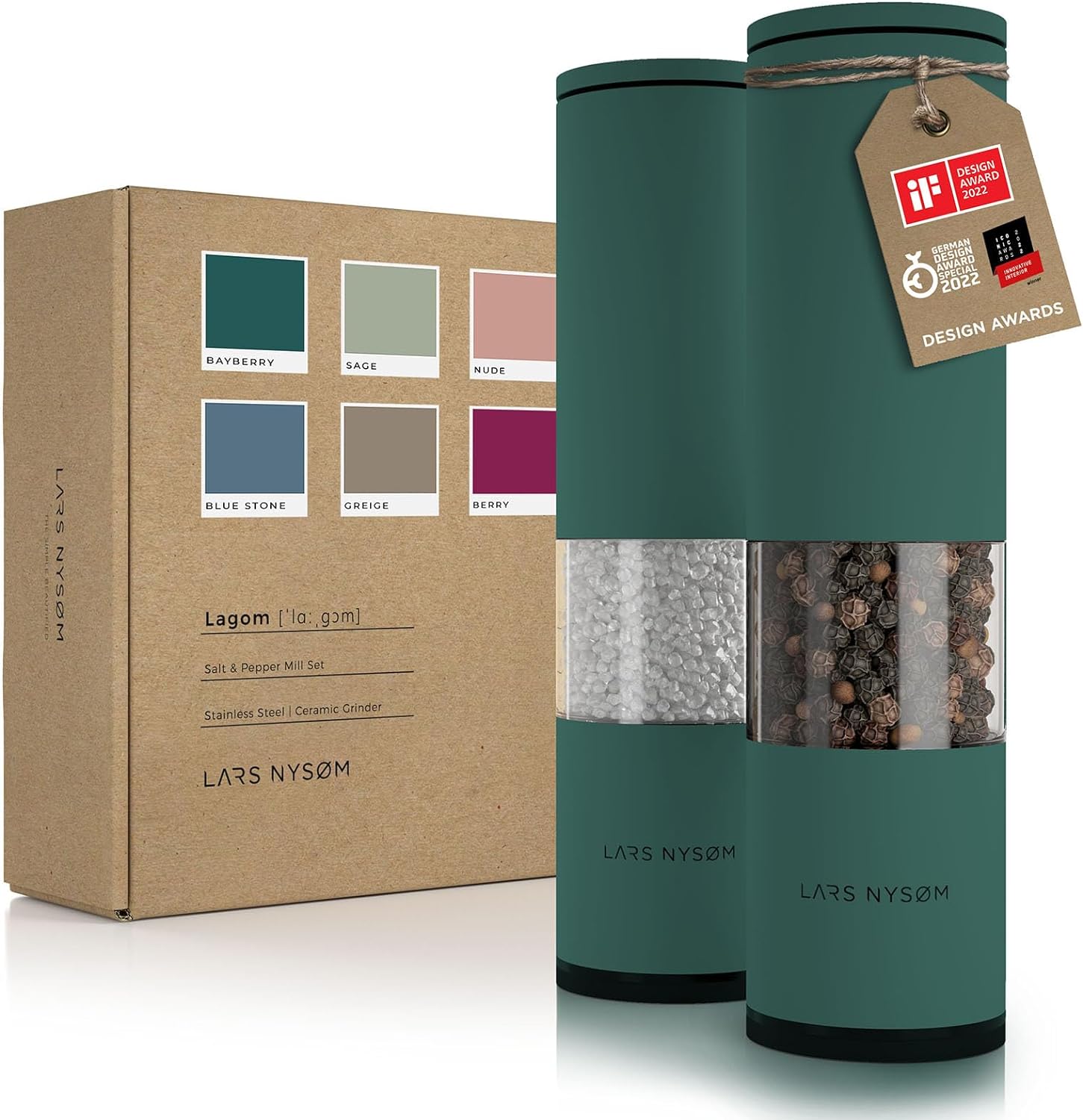 LARS NYSØM Salt and Pepper Mills Set Stainless Steel with Adjustable Ceramic Gri...