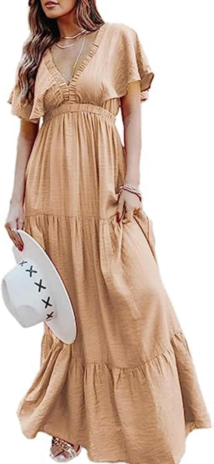 Amegoya Women's Casual Short Sleeve V Neck Floral Maxi Dresses Boho Beach Photos...