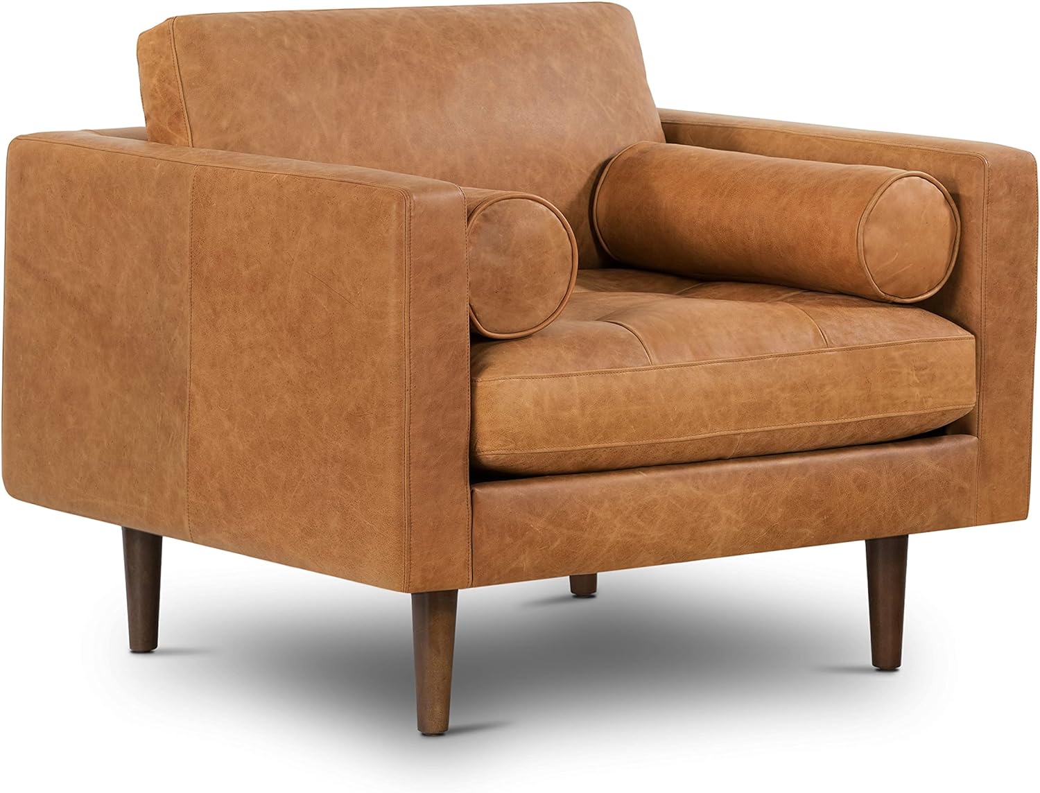 POLY & BARK 42" Mid Century Modern Cognac Brown Leather Accent Chair for Living...