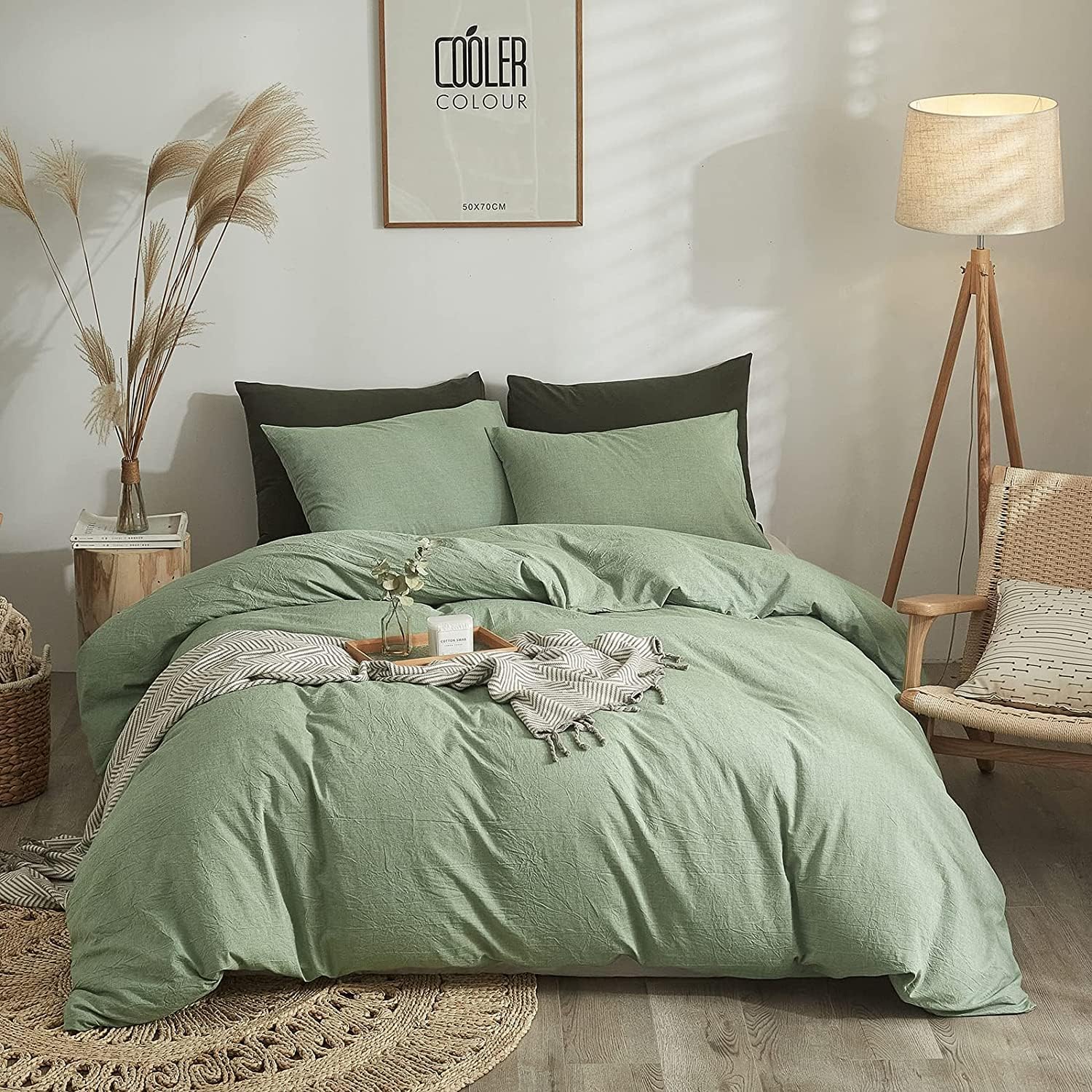 Lanqinglv Duvet Cover Set King Size,Light Green Plain Microfiber Bedding Set Kin...