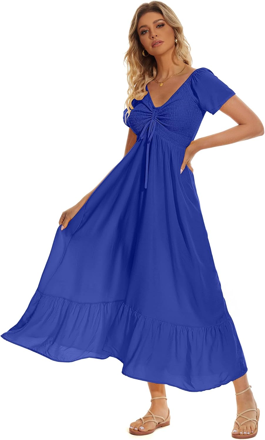 Women's Summer Floral Maxi Dress Casual Short Sleeve Flowy Boho Beach Party Long...