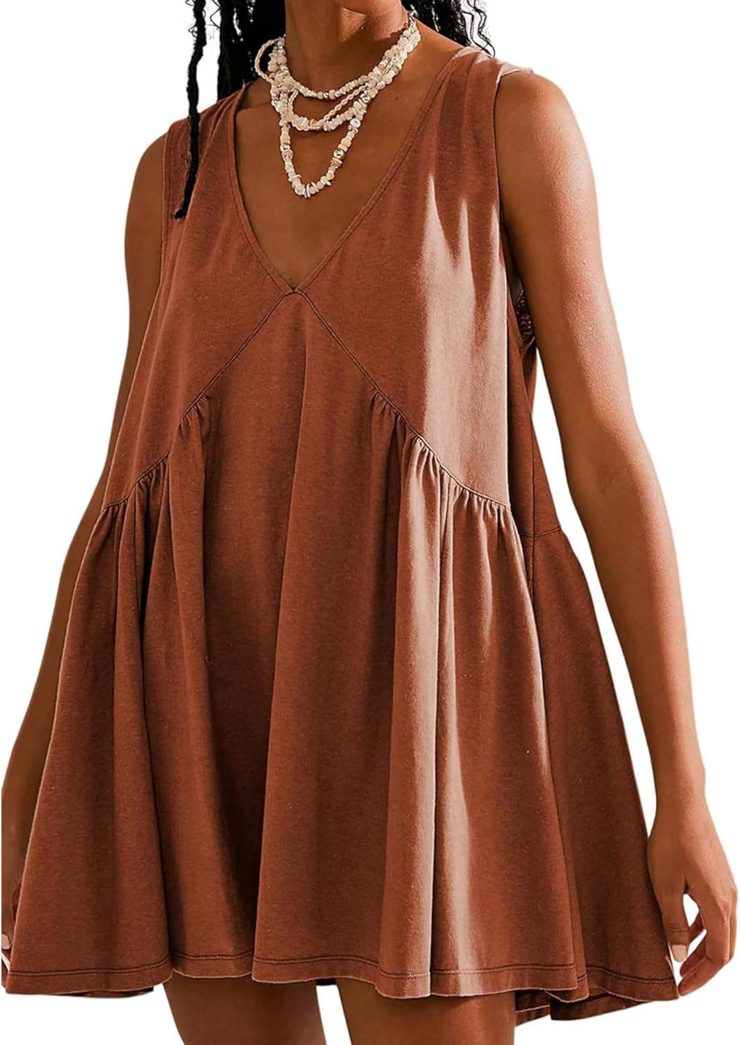 OPCAKM Women's V Neck Sleeveless Mini Dress Loose Summer Pleated Swing Flowy Sun...
