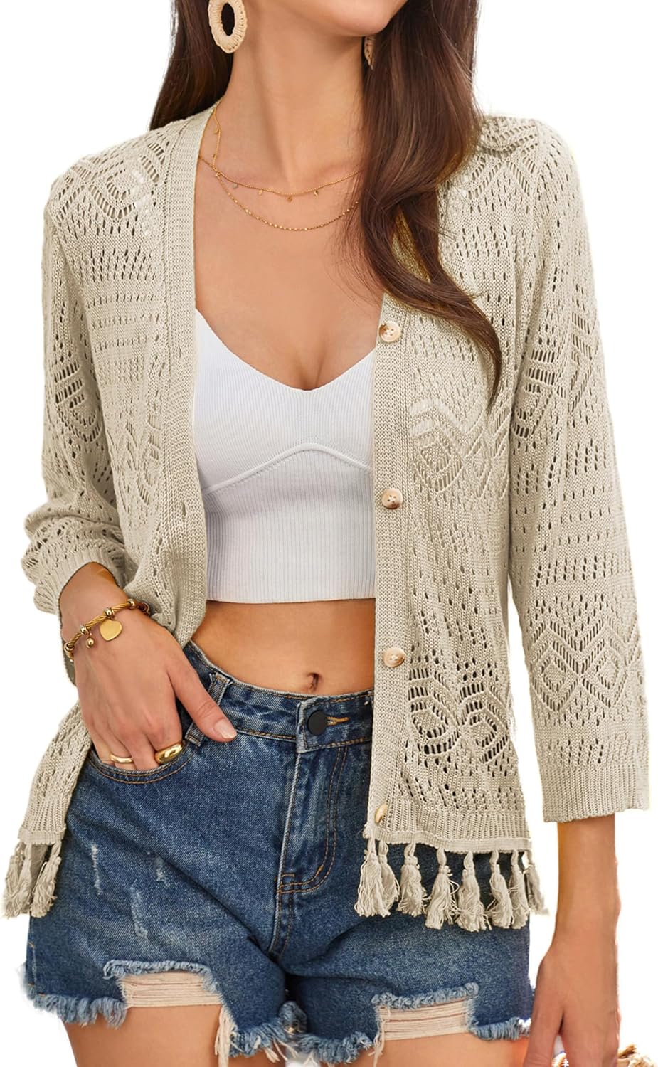 GRACE KARIN Women Fringed Cardigan, Special Boho Hollowed Out Crochet Knit Shrug...