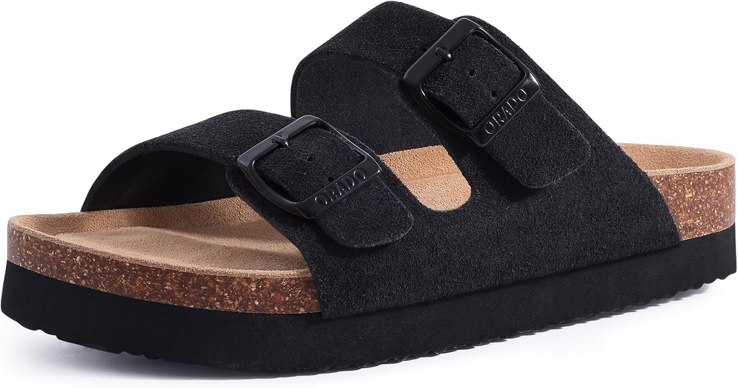 Platform Suede Sandals for Women Soft Cork Footbed Summer Slides with Adjustable...