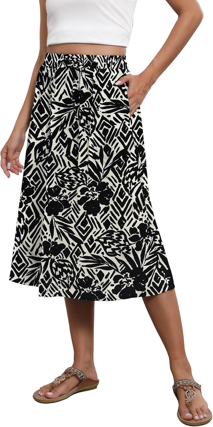 Flowy Skirt Midi Length Elastic High Waist A-Line Skirt with Pockets Bohemia for...