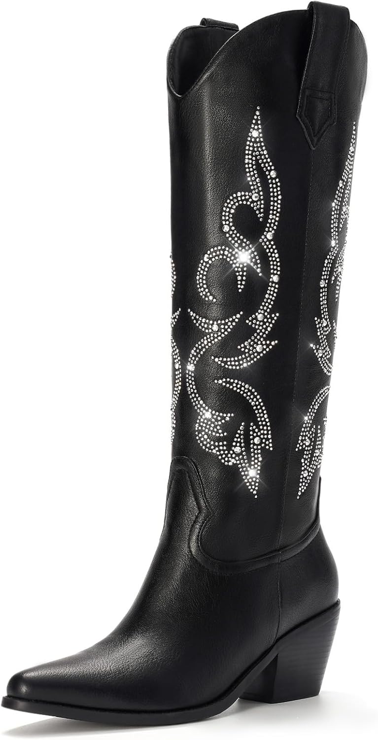 White Cowboy Boots for Women - Wide Calf Rhinestone Cowgirl Boots, Women Knee Hi...