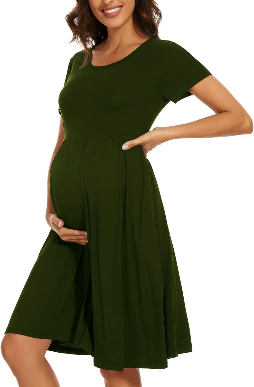 Women's Short Sleeve Maternity Dress Patchwork Pregnancy Clothes with Pockets Me...