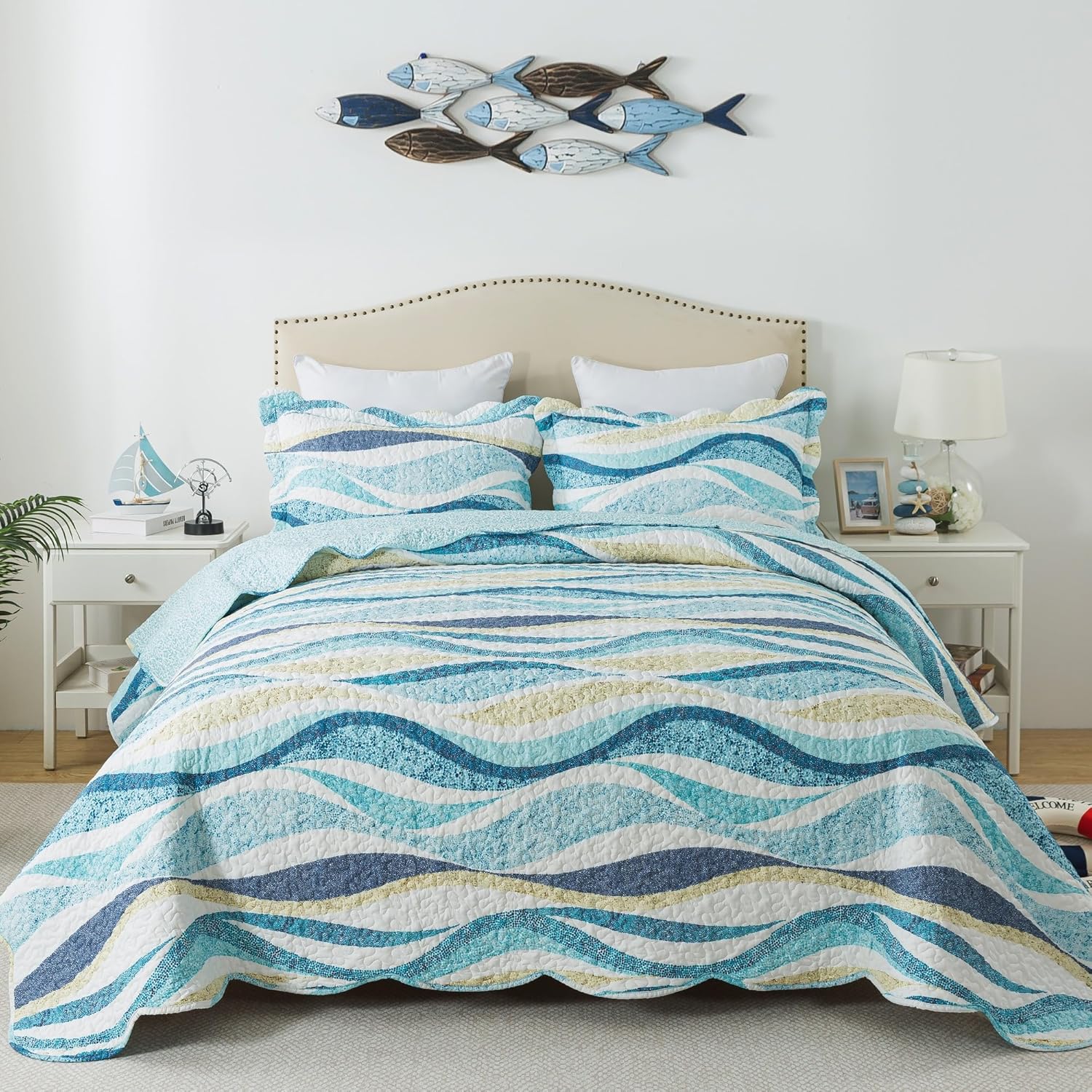HoneiLife Beach Quilt King Size - 3 Pieces Coastal Quilt sets Nautical Bedspread...