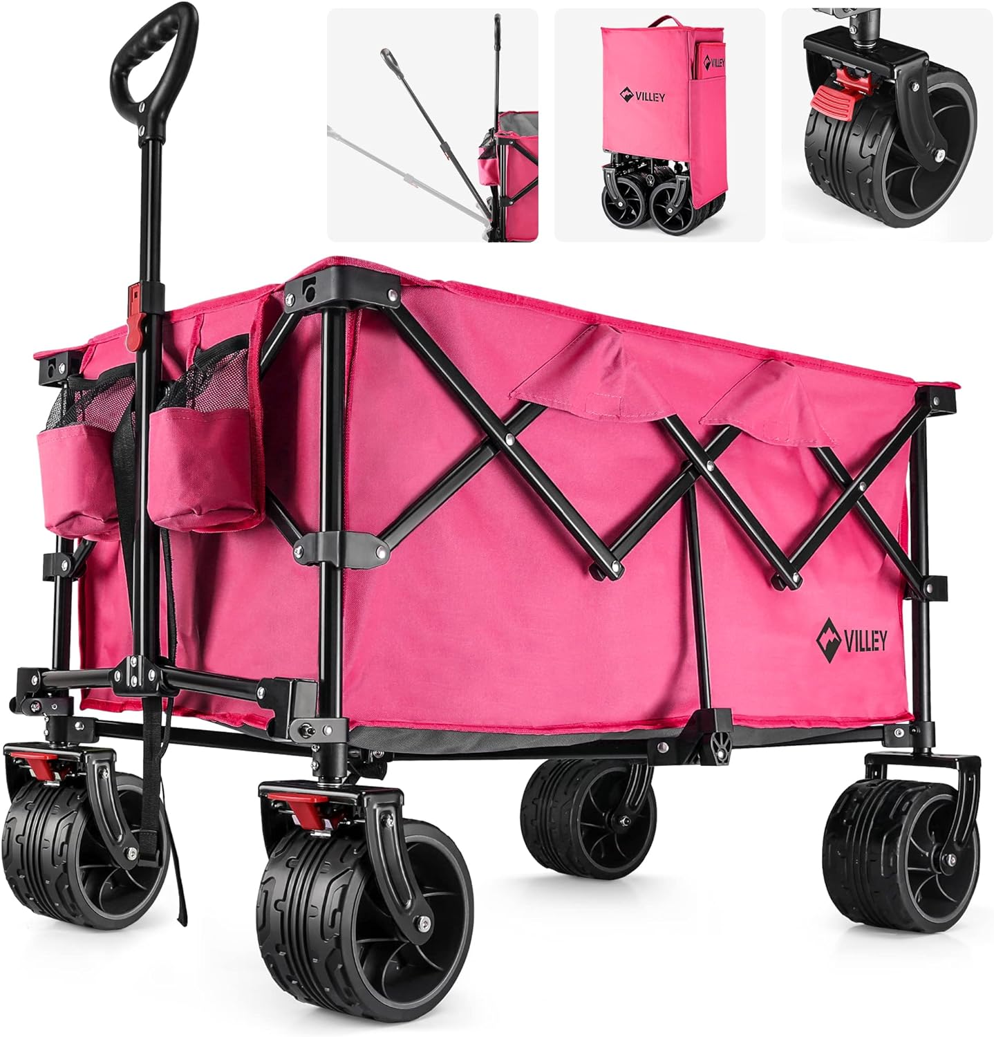 VILLEY Collapsible Folding Wagon with Big Wheels, Enlarged 225lbs Capacity, All...