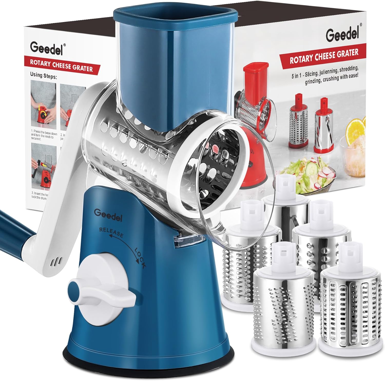 Geedel Rotary Cheese Grater Cheese Shredder - Upgraded 5-in-1 Cheese Grater with...