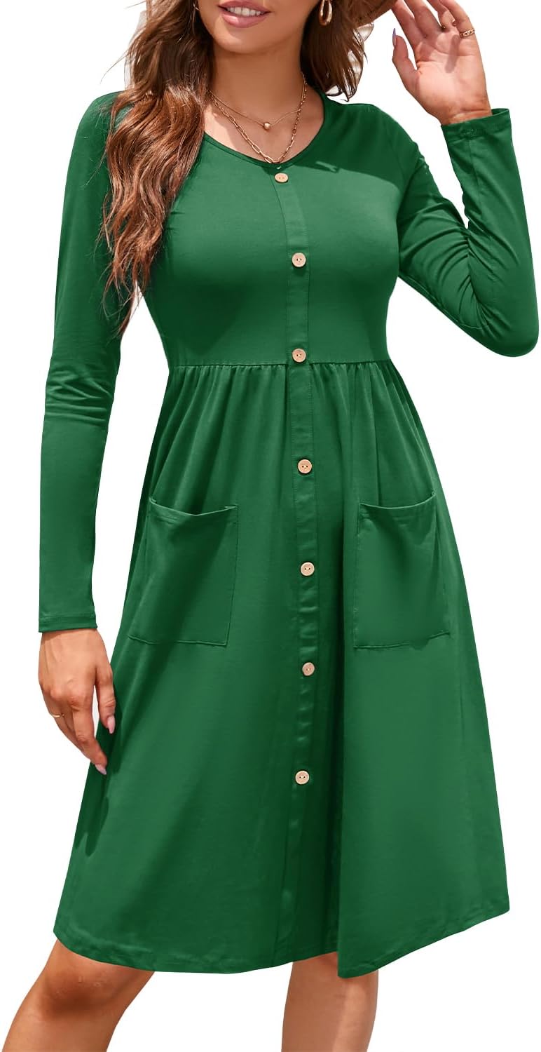 OUGES Women's Dress, High-Quality V Neck Skater Dress with Buttons, Stylish Wome...