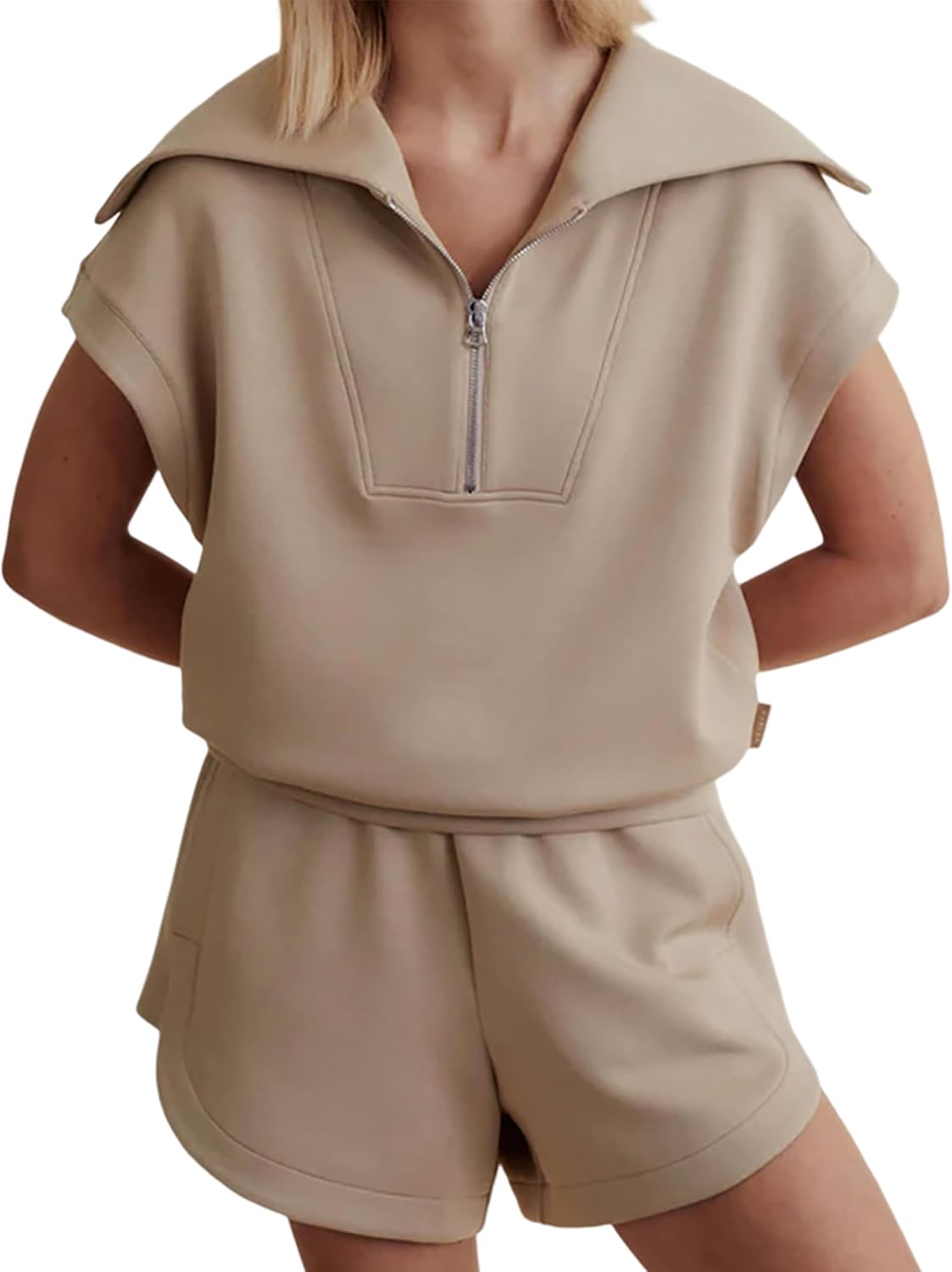 Meladyan Women Two Piece Outfits Tracksuit Half Zip Lapel Cap Sleeve Sweatshirt...