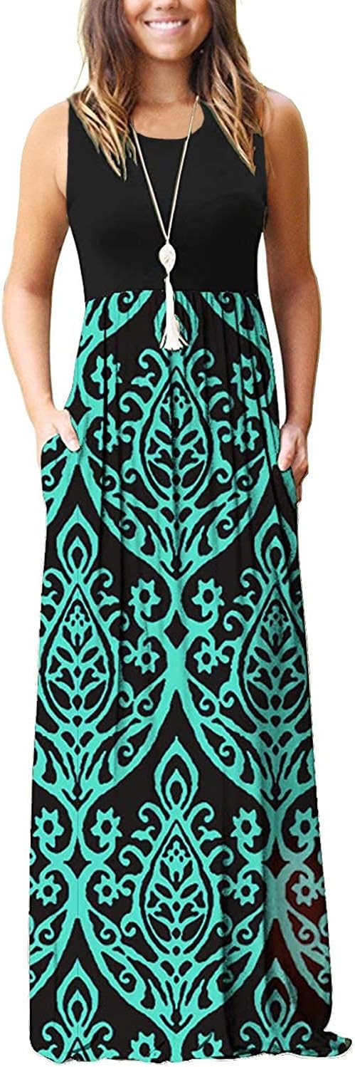 AUSELILY Women's Solid Plain Summer Dark Teal Sleeveless Loose Maxi Dress Casual...