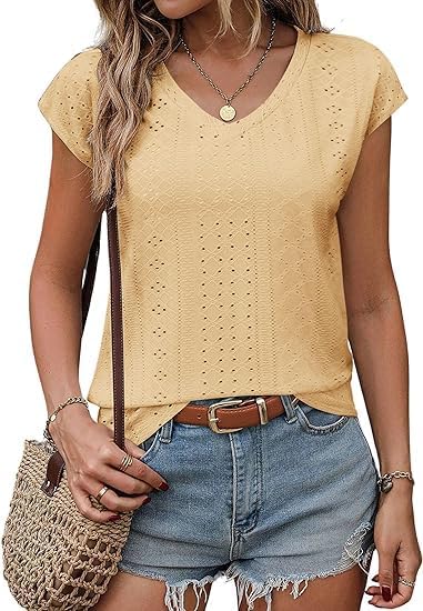 Zeagoo 2024 Women's Tank Top, Special V Neck Eyelet T Shirts, Innovative Cap Sle...