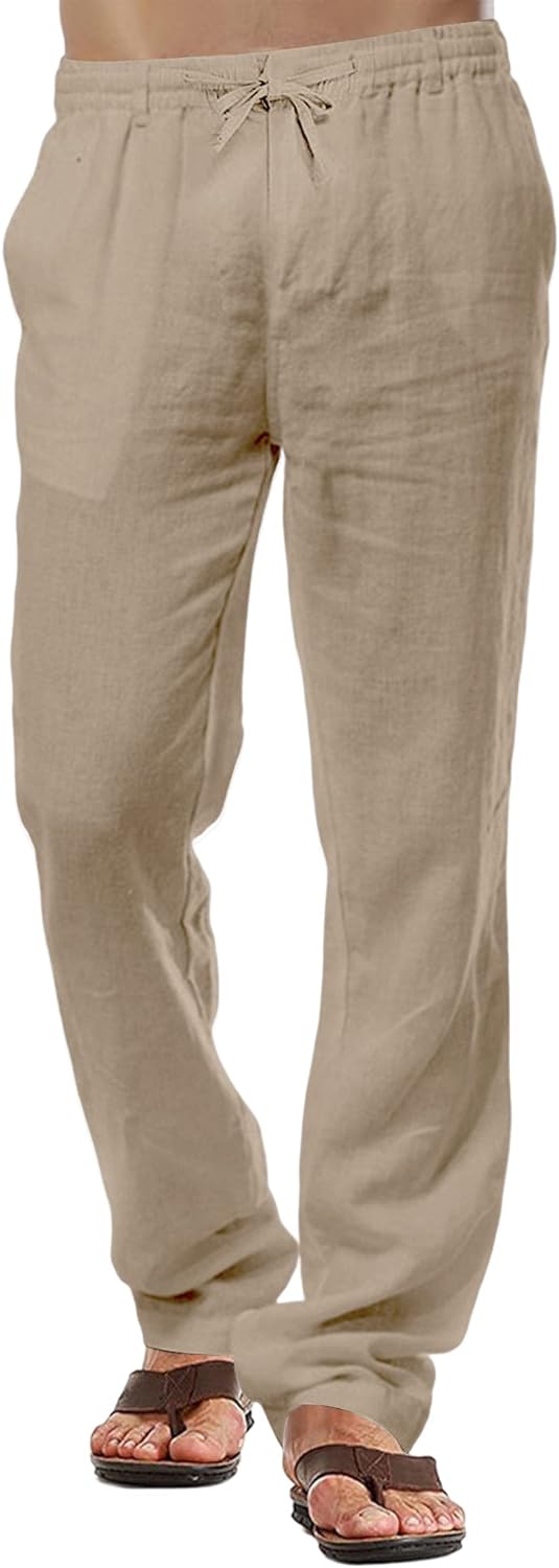 Mens Linen Trousers Casual Cotton Trouser Summer Beach Pants Lightweight Drawstr...