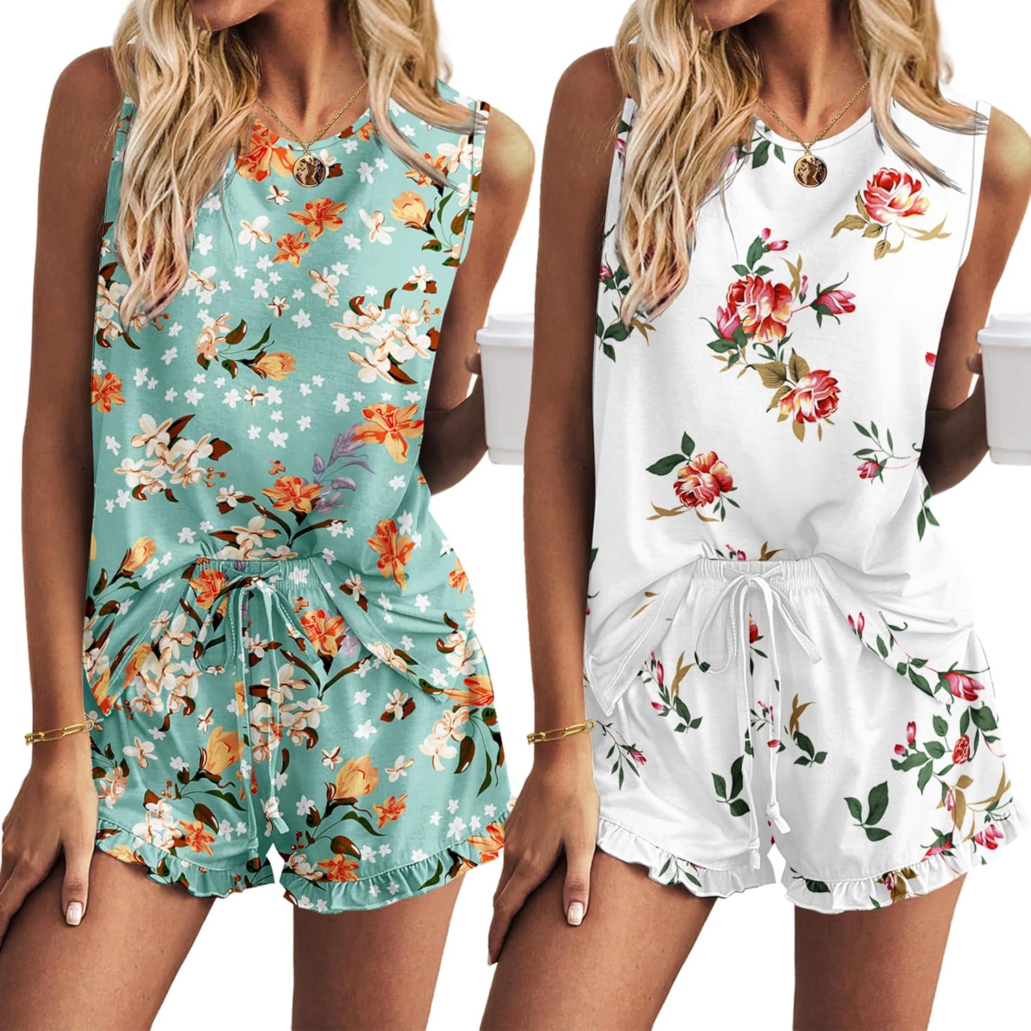 Ekouaer 2 Pack Women’s Pajama Set, Special Print Sleepwear and Tank Tops, Unique...