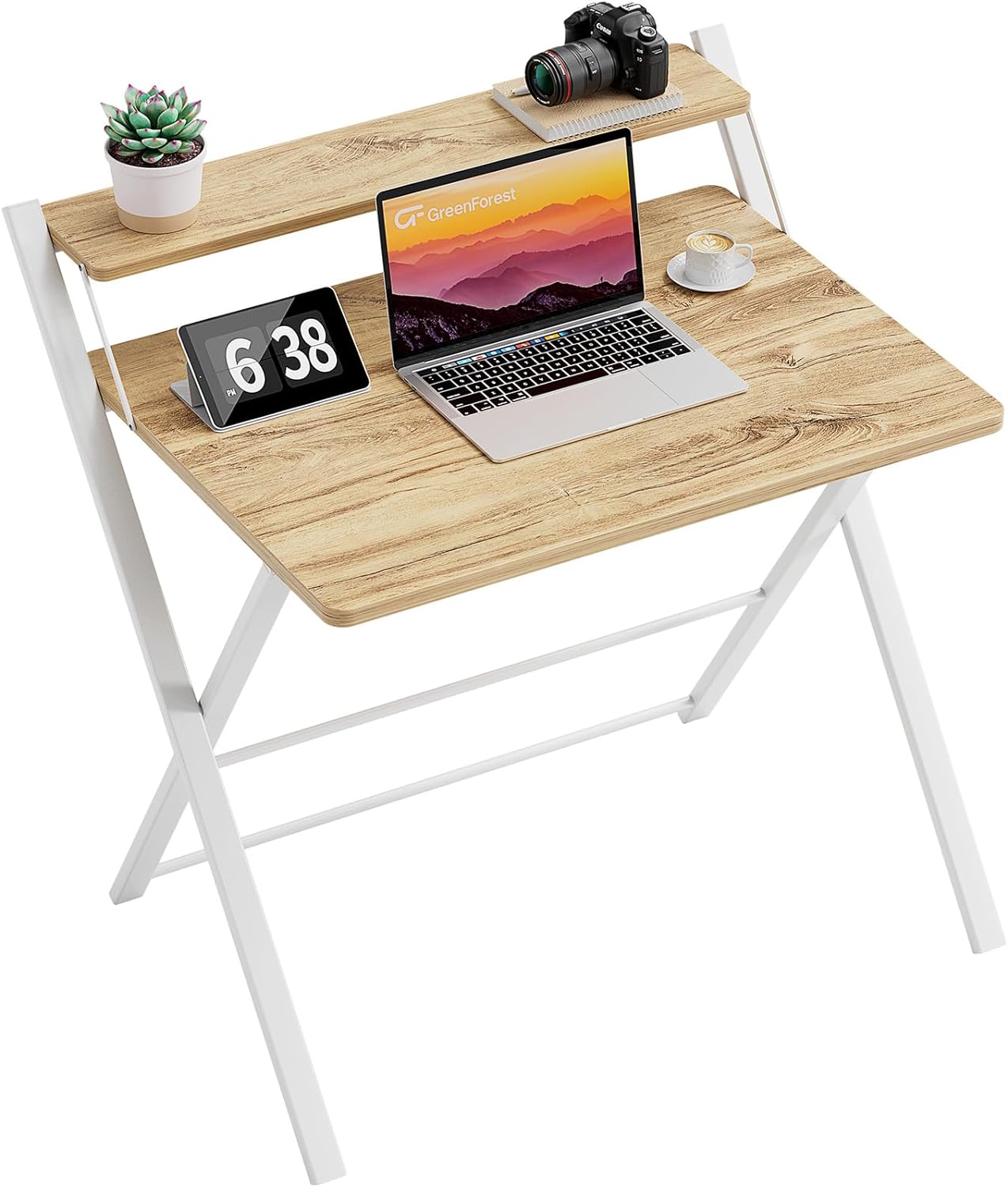 GreenForest Folding Desk No Assembly Required Small Size, 2-Tier Foldable Comput...