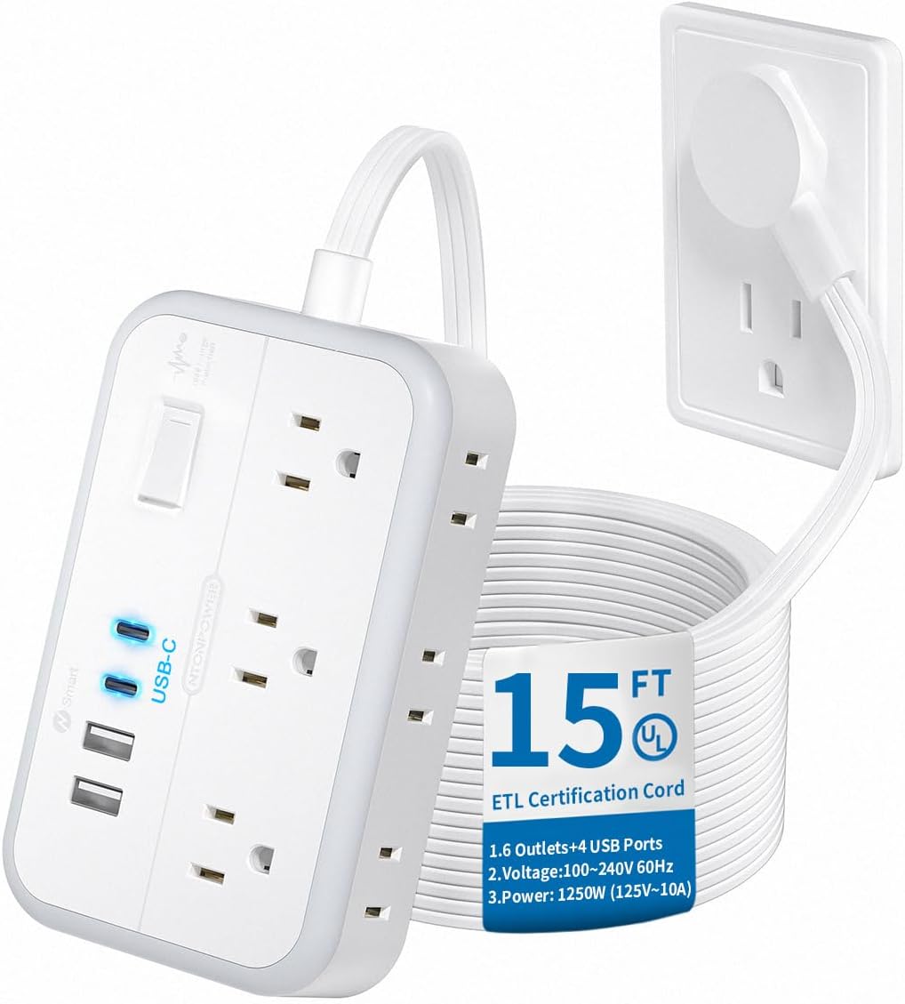 Flat Extension Cord 15 ft, NTONPOWER Surge Protector Power Strip with 6 Widely O...
