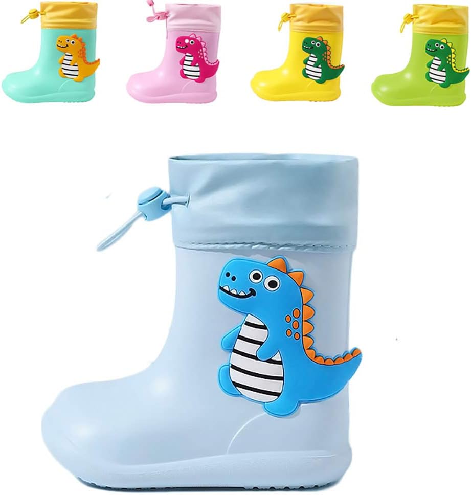 DRECAGE Dinosaur Rain Boots with Pull On Drawstring Closure for Kids Boy and Gir...