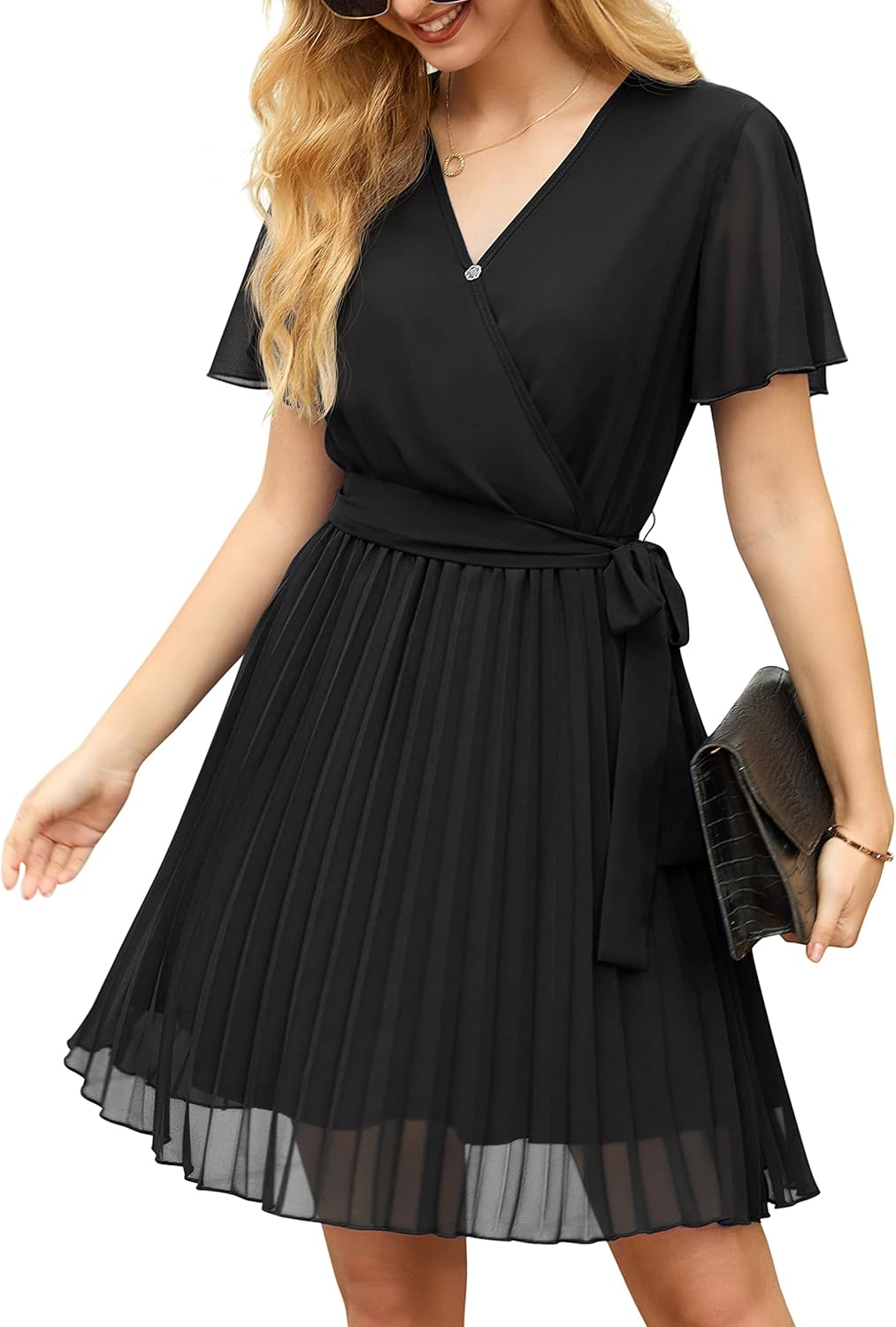 GRECERELLE Womens Summer Casual Wrap Dress, Special Chiffon Pleated Dress, Uniqu...