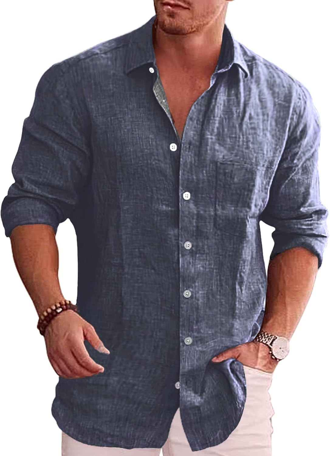 COOFANDY Men's Casual Shirt, Special Long Sleeve Linen Chambray Shirt, Unique Bu...