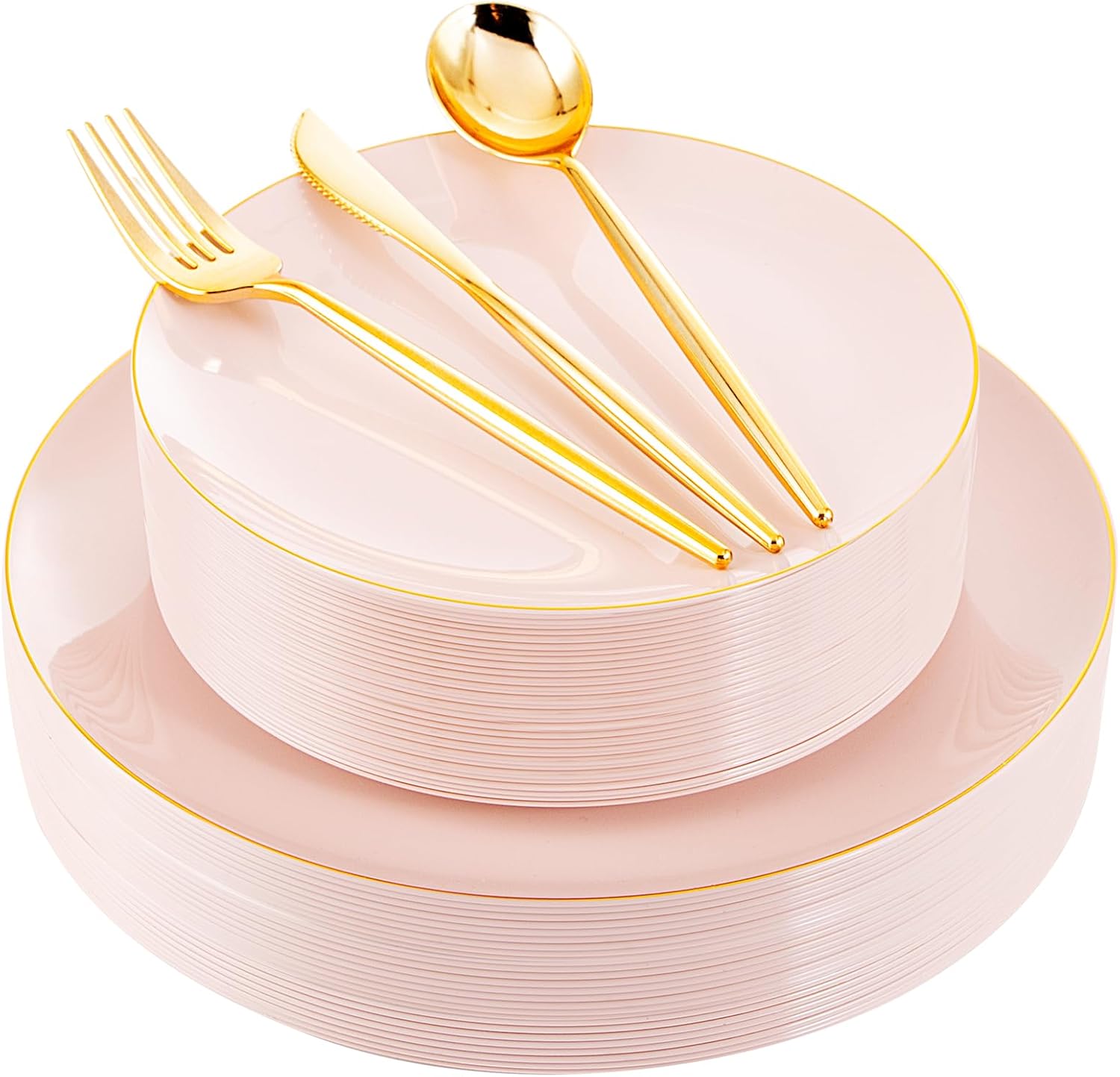 I00000 150Pcs Pink Plastic Plates, Heavy Duty Gold Rimmed Plastic Plates with Go...