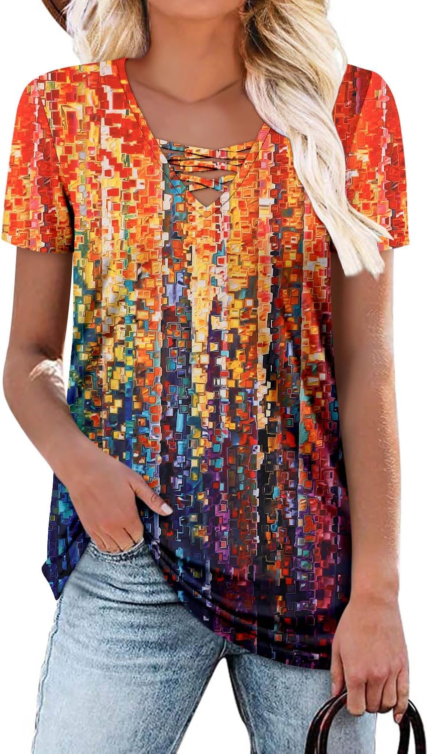 ROSELINLIN Womens Ruffle Sleeve Tunic Tops V Neck Loose Fit Short Sleeve Summer...