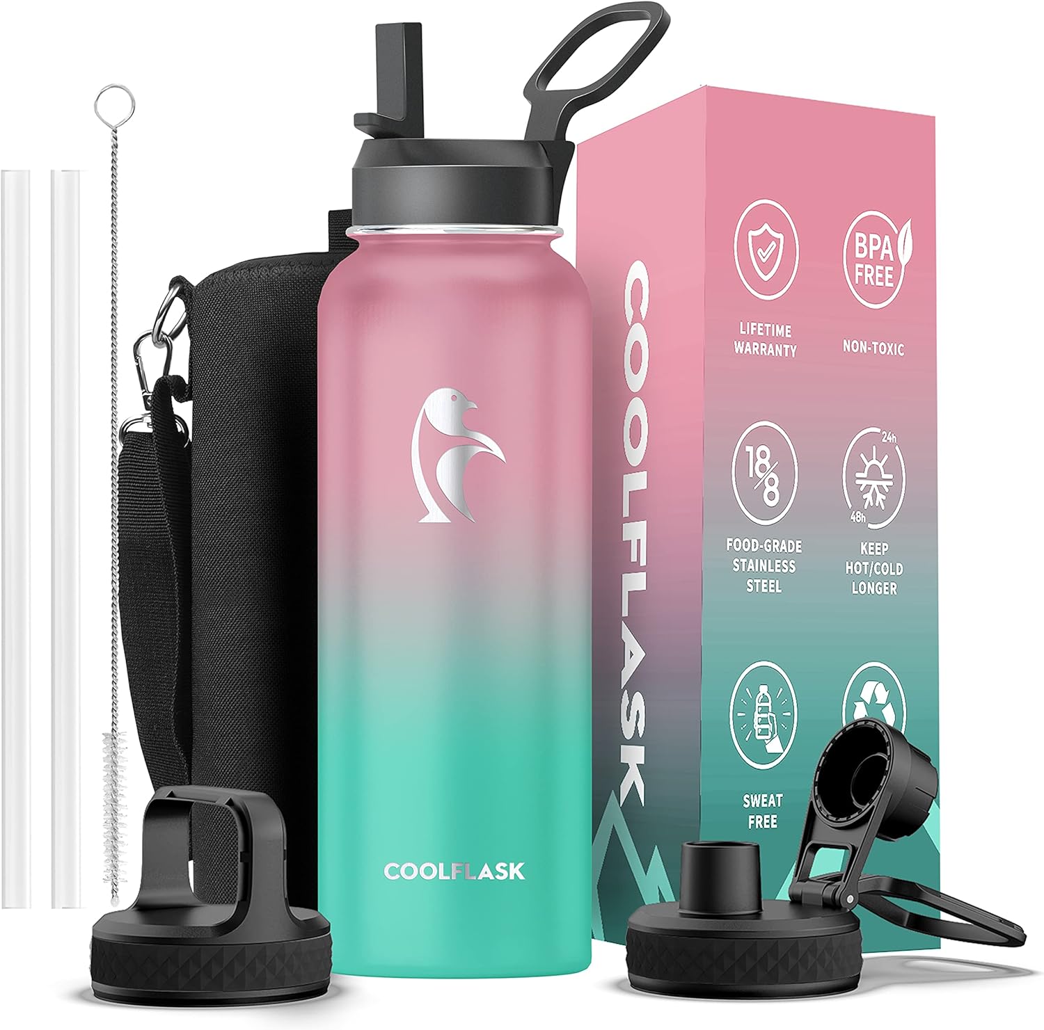 Coolflask 1180ml Insulated Water Bottle with Straw & 3 Lids, Metal Water Bottle...