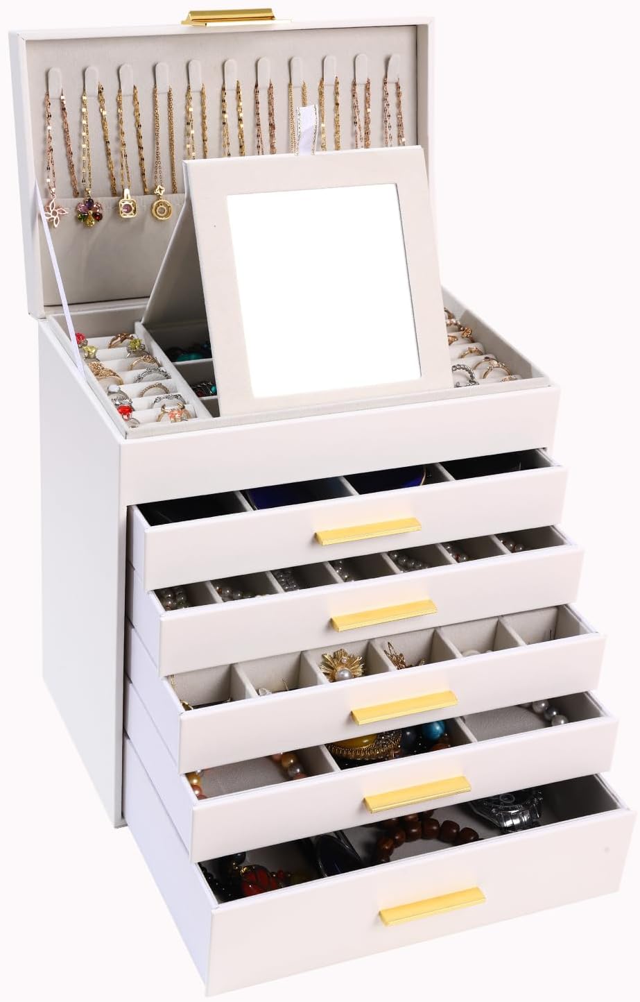 BOOVO Jewelry Boxes for Women, White and Black 6 Layer Large Jewelry Box for Nec...