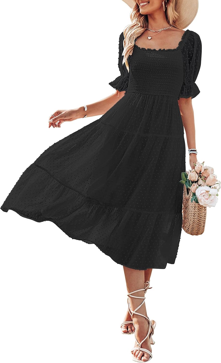MEROKEETY Women's Dress, Unique Summer Square Neck Dress, Special Puff Sleeve Bo...