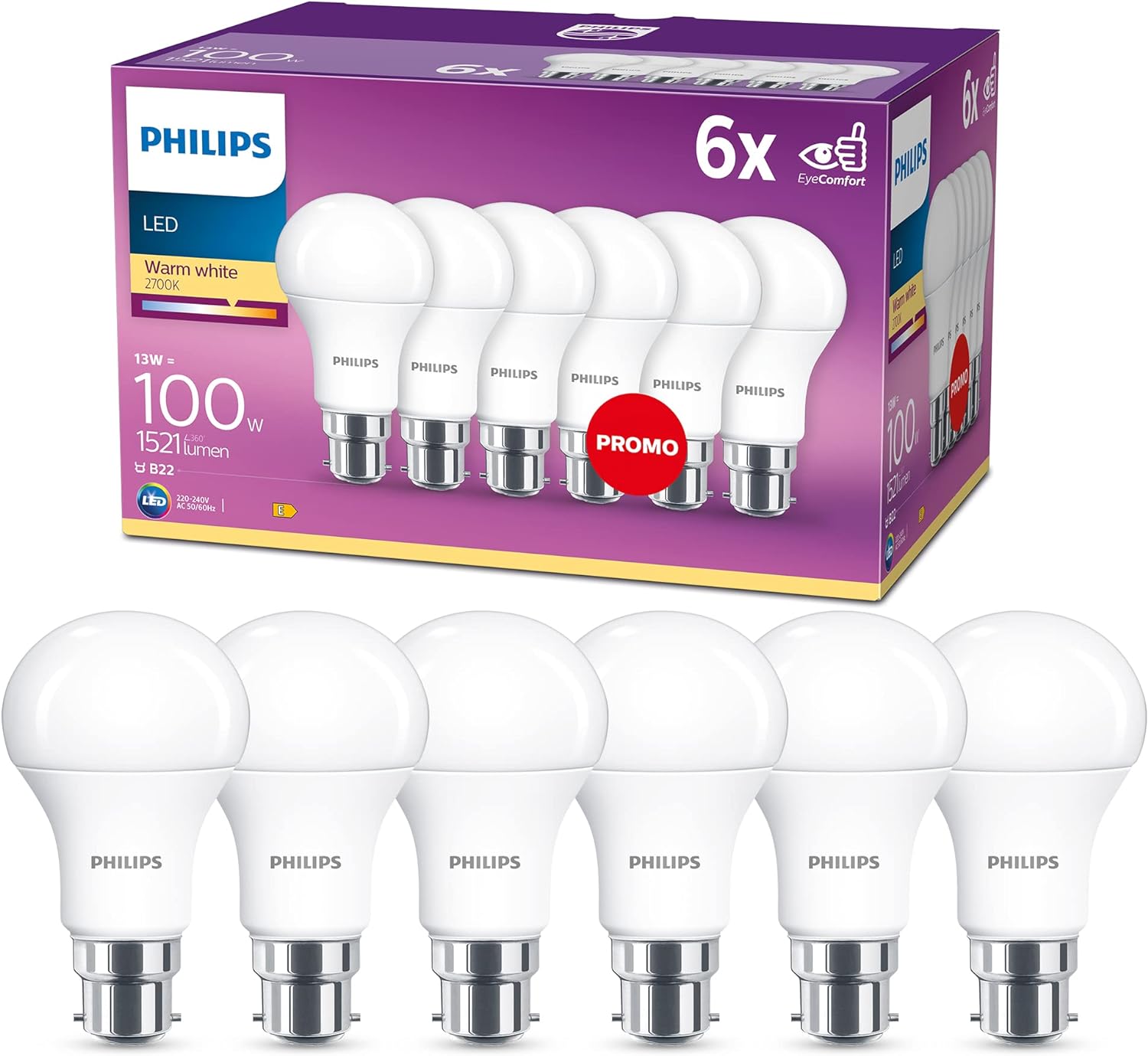PHILIPS LED B22 Frosted 6 Pack Light Bulbs - 13 W (100 W) [Warm White] EyeComfor...