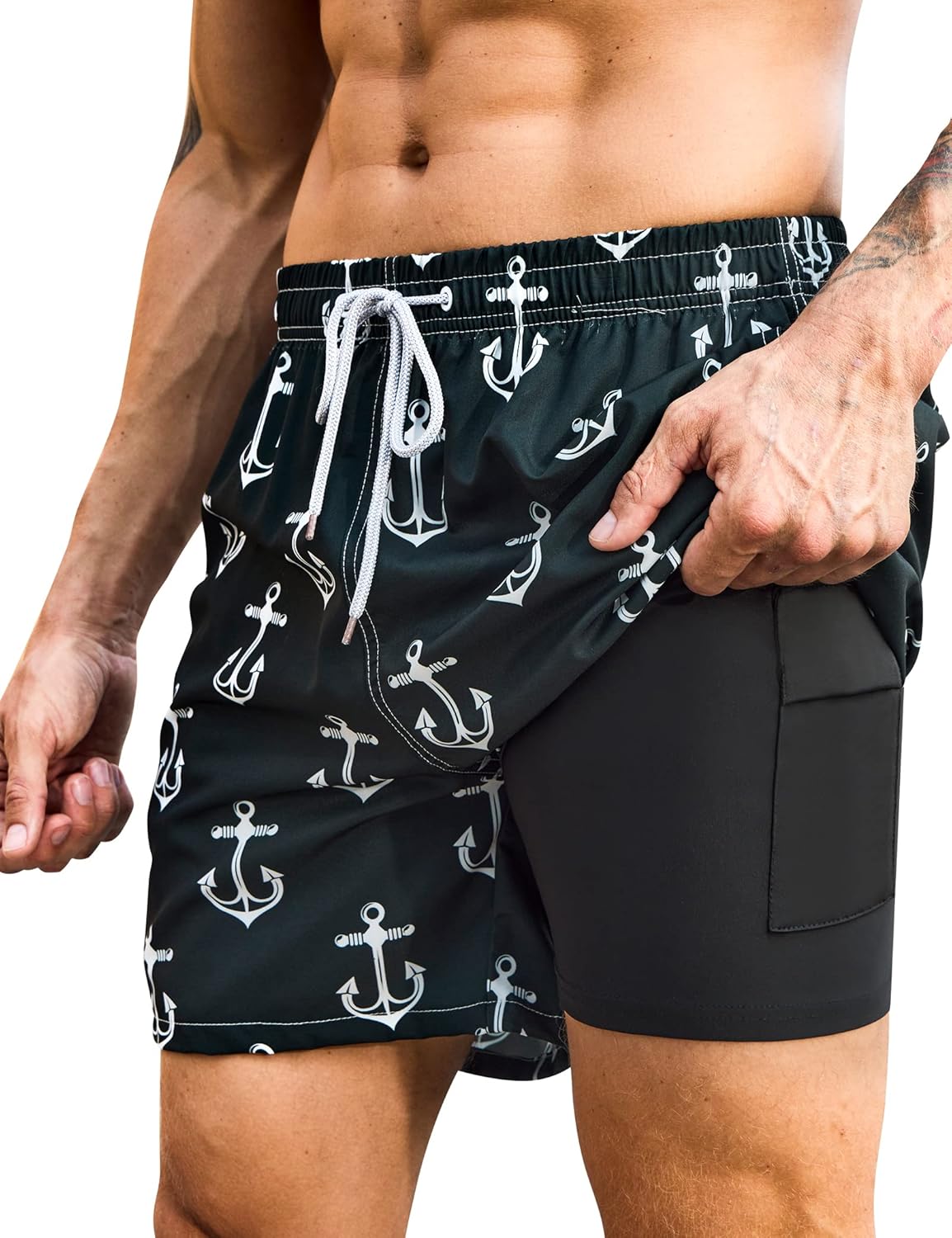 Mens Swim Trunks with Compression Liner Bathing Suits 2 Pack Quick Dry Stretch B...