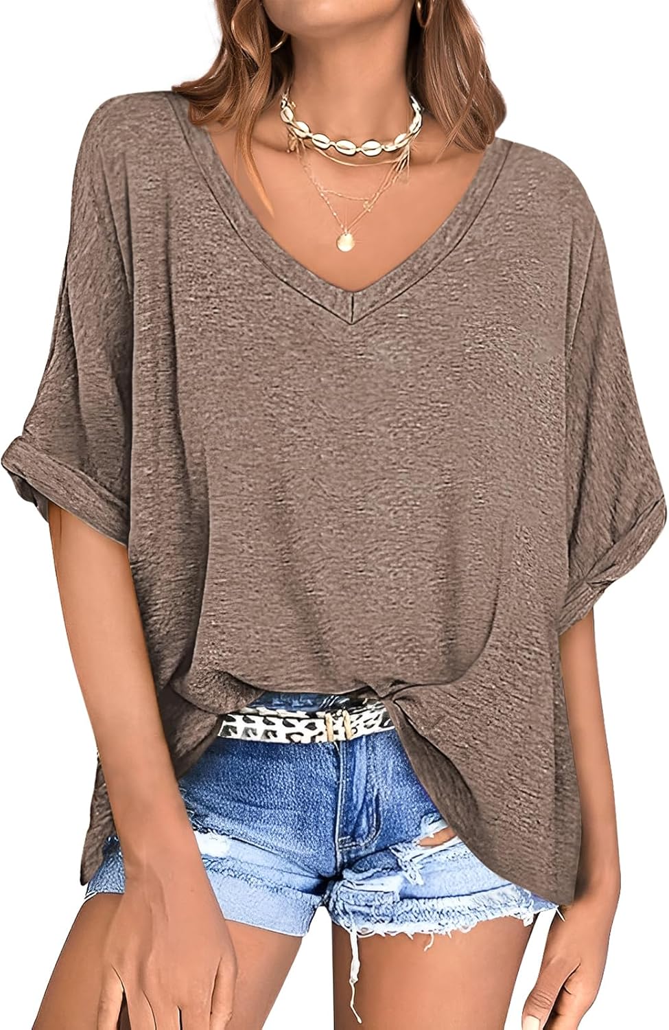 UEU Womens Oversized T-Shirts Summer V Neck Casual Shirts Short Sleeve Workout T...