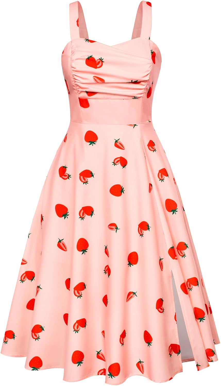 Belle Poque Women 1950s Midi Dress Sleeveless A Line Vintage Pleated Cocktail Pa...