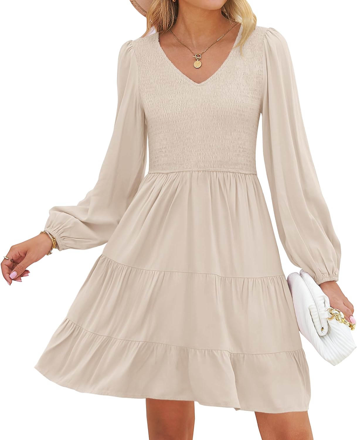 ZESICA Women's Dress, Special Casual V Neck Dress with Long Sleeve, Innovative H...