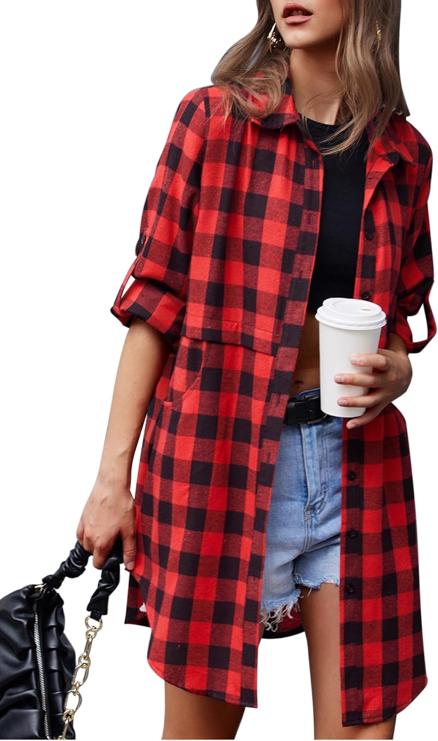 HOTOUCH Womens Flannel Plaid Shirts, Special Roll Up Long Sleeve Casual Boyfrien...